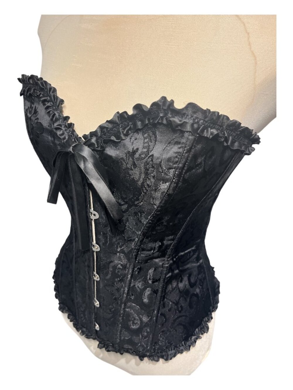 BUSTIER CORSET Black Satin Jacquard Raised Paisley Pattern ***Metal Hook & Eye
